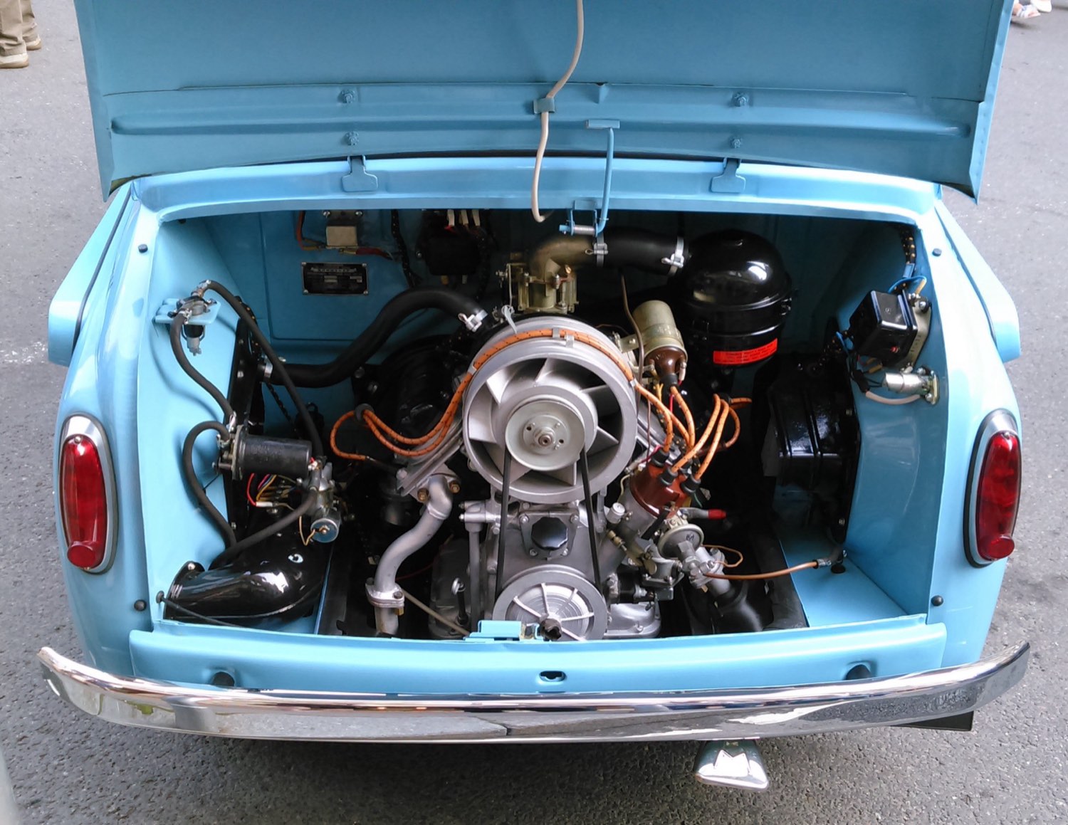The engine bay of a restored classic car