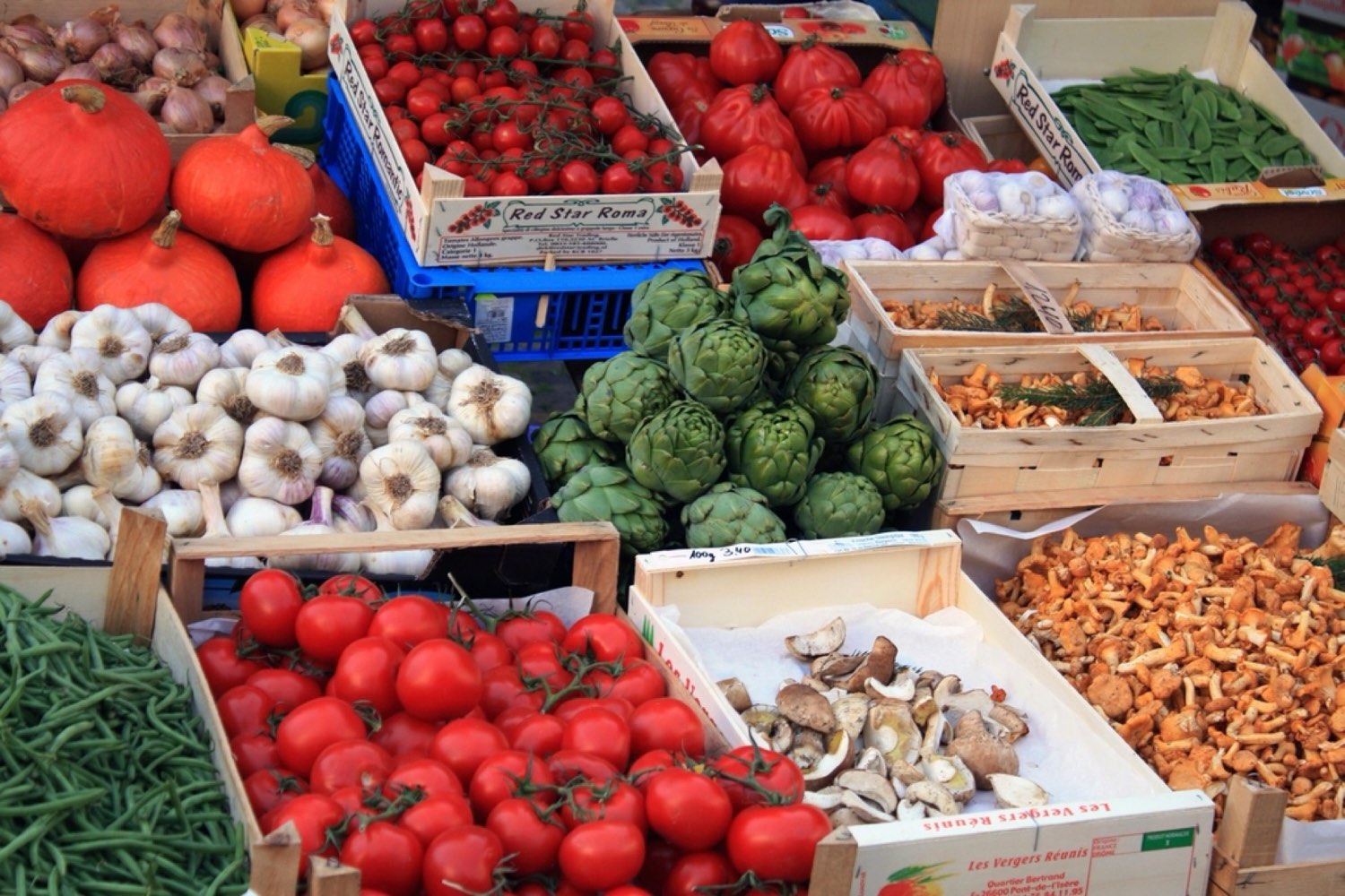 Market crates of tomatoes, garlic, artichokes and mushrooms