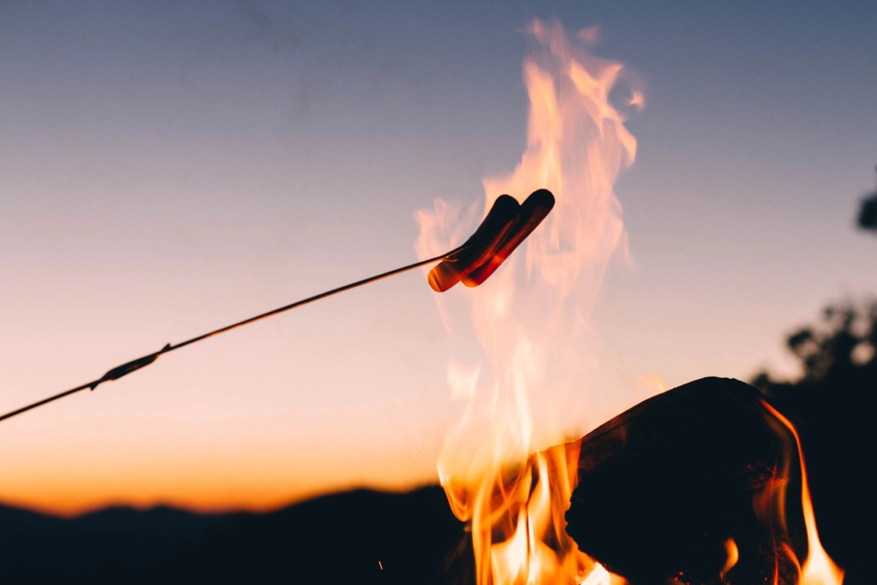 Toasting food over a campfire at dusk